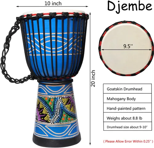 Miniatura 2 de LIEKE Djembe - Tambor africano de 10 x 20 pulgadas, cabeza de cabra caoba, pintado a mano, patrón pintado a mano, para adultos principiantes (azul)