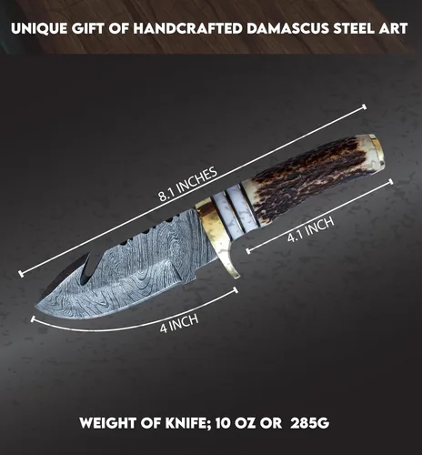 Miniatura 2 de Cuchillo de gancho de caza hecho a mano con mango de asta de ciervo y funda de cuero, perfecto para caza, desollar y aventuras al aire libre