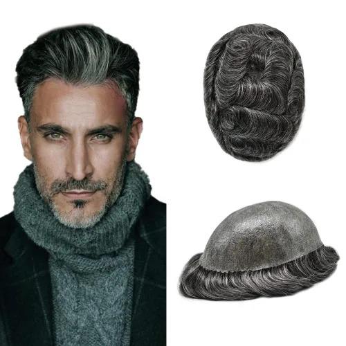 Miniatura 63 de Toupee para hombres pieza de pelo suave poli piel real sistema de cabello humano para hombre tupé durable PU piezas de pelo para hombres reemplazo