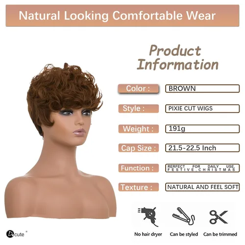 DOcute - Pelucas Pixie cortas marrones para mujeres negras, peluca de reemplazo diario con corte Pixie y flequillo, pelucas rizadas cortas en capas