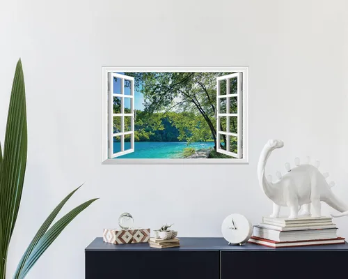 Miniatura 4 de FLFK Adhesivo de Pared de Ventana Falsa - Lagos en la Selva Mural de Pared de Ventana Falsa para Decoración de Pared, Calcomanías de Pared