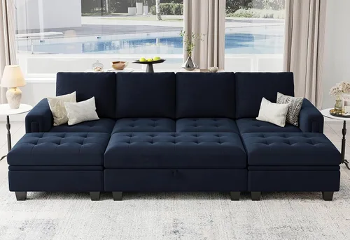 Miniatura 11 de Belffin Sofá cama modular convertible de terciopelo de 4 asientos con diván reversible, sofá cama seccional con almacenamiento otomano seccional