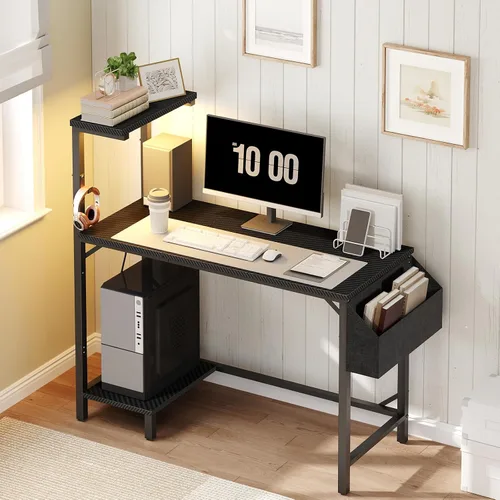 Miniatura 5 de MAHANCRIS Escritorio para videojuegos, escritorio de computadora con estación de carga y luz LED, escritorio pequeño para PC con bolsa