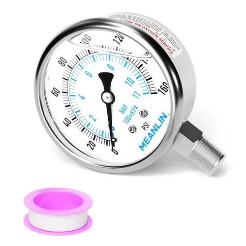 Miniatura 28 de MEANLIN MEASURE Medidor de presión de acero inoxidable relleno de líquido de 0 ~ 100 psi con junta de acero inoxidable 316, esfera de cara NPT