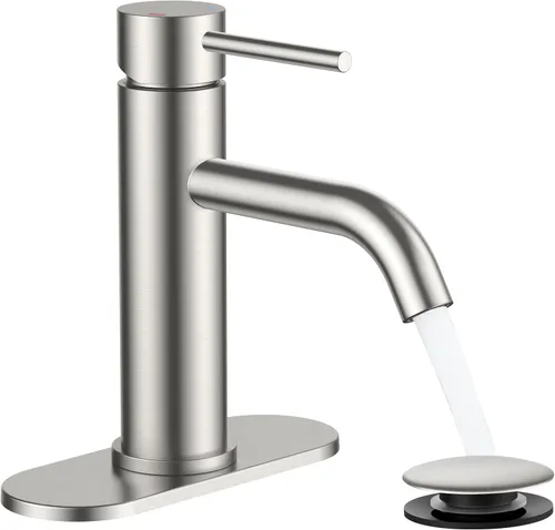 Miniatura 10 de FORIOUS - Grifos de baño negro mate de 1 agujero, grifo de lavabo de acero inoxidable con desagüe emergente de metal y manguera de suministro