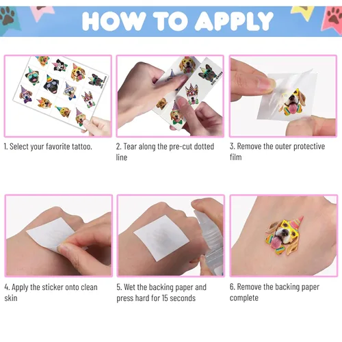 Miniatura 5 de Calcomanías temporales de tatuajes para perros para niños, 60 piezas de lindos tatuajes temporales de cachorros para niños y niñas, recuerdos