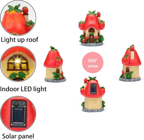 Miniatura 4 de Casas solares de jardín de hadas, decoración de hadas para exteriores, casas de fresa con luz solar para patio, balcón, patio, adorno de césped