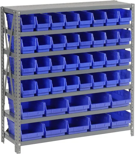 Global Industrial Estantería de acero para 7 estantes con (42) contenedores de plástico de 4 pulgadas de alto, marco gris y cubos azules, 36
