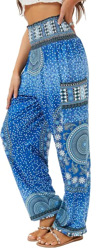 QIANXIZHAN - Pantalones deportivos de tiro alto para mujer, diseño estilo harén bohemio con bolsillos, para yoga