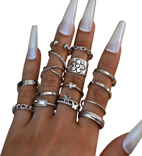 Juego de 15 anillos bohemios para mujer, anillos de cristal con gemas, conjuntos de anillos de nudo para adolescentes, fiestas, anillos de joyería