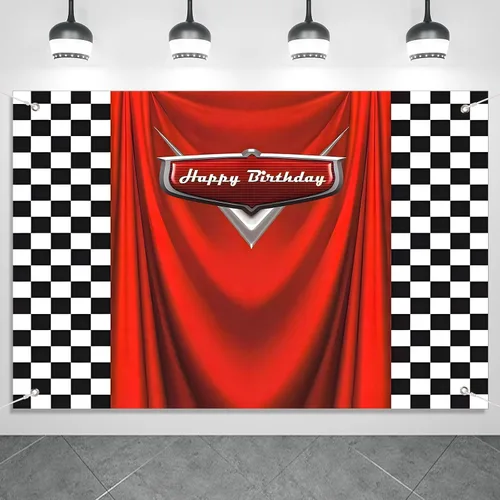Miniatura 8 de Fondo de cumpleaños de coche con bandera de carreras, 5 x 3 pies, fondo de fotos de carreras a cuadros duradero para decoraciones de cumpleaños