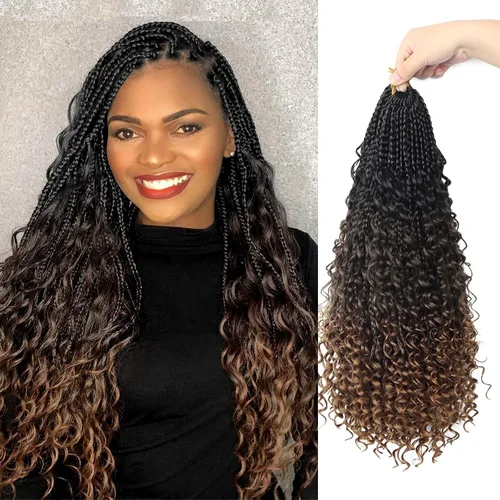 Miniatura 57 de Goddess Box Braids - Trenzas de cabello a ganchillo con extremos rizados, trenzas de caja bohemianas de 16 pulgadas, trenzas de ganchillo, 8 1B-4-30
