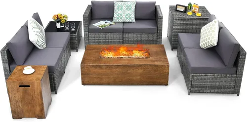 Tangkula Patiojoy - Juego de 10 muebles de mimbre para patio al aire libre con mesa para fogata de 48 pulgadas, juego de sofá seccional con fogata