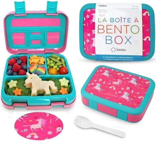Miniatura 20 de Lonchera Bento con bolsa aislada, juego de botella de agua para niños pequeños, 5 secciones de porciones, bandeja extraíble sin BPA, almuerzos