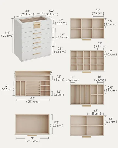 Miniatura 5 de SONGMICS UJBC171W01 - Joyero con tapa de cristal, organizador de joyas de 6 capas con 5 cajones, para gafas de sol y joyas grandes, almacenamiento