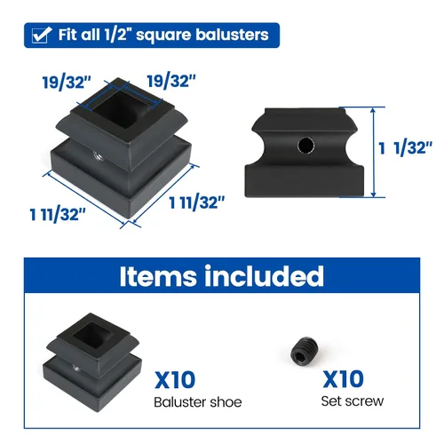 Miniatura 2 de Muzata 10Pack de bases de balaustre de hierro, zapato plano para escalera con tornillo para balaustre cuadrado de 1/2 pulgada, husillo de escalera