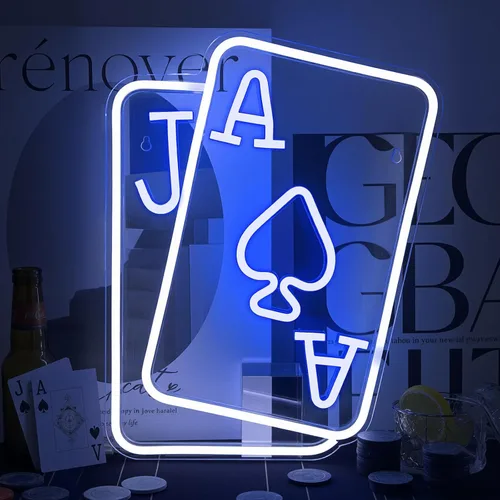 Letreros de Neón de Cartas de Juego para Decoración de Pared Póquer Adolescentes Luz LED Neón Azul Blanco Letrero de Luz USB para Dormitorio Casino