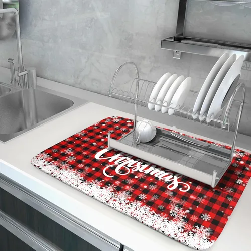 Miniatura 5 de Tapete de secado de platos de Navidad para encimera de cocina, de 18 x 24 pulgadas, tapete de secado reversible de microfibra con copos de nieve