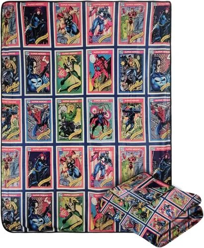 Marvel Legends - Manta de forro polar de Comic‑Cards – Poliéster ligero ultra suave, Spider‑Man ⋅ Capitán América ⋅ Wolverine & Villains Grid, manta