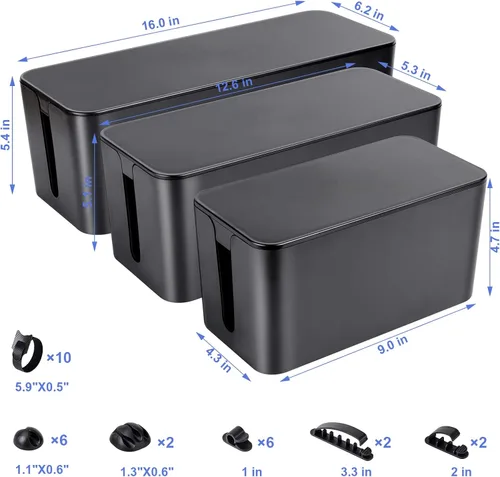 Miniatura 2 de Caja organizadora de cables, juego de tres, cubierta de alimentación, soporte de cables, protector contra sobretensiones para escritorio (negro)
