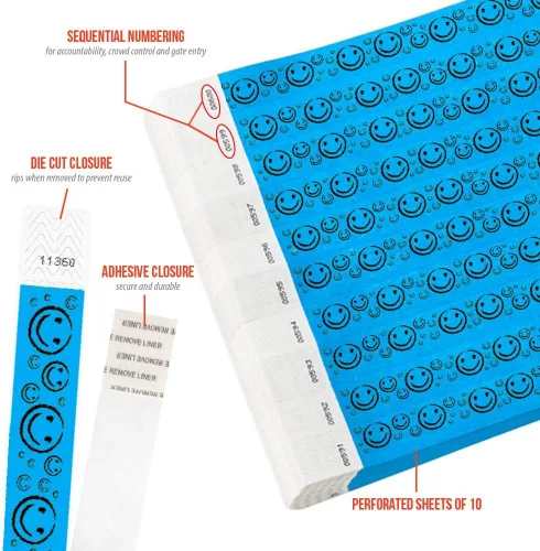 Miniatura 2 de 200 pulseras Tyvek de Wristco con cara sonriente azul neón para eventos, ¾ x 10 pulgadas, impermeables, reciclables, cómodas, resistentes a