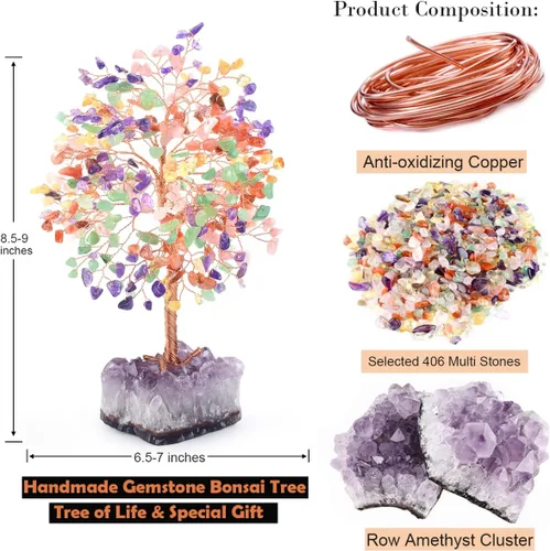 Miniatura 4 de Árbol de Chakra de la Vida de Piedras Preciosas Naturales Árbol de Cristal, Piedras Curativas (406 Piedras) con Racimo de Amatista, Decoración