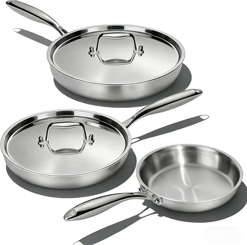 Umite Chef - Juego de sartenes de acero inoxidable con tapa, juego de 3 sartenes (incluye 8, 10, 12 pulgadas), revestimiento de acero inoxidable de