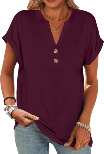 Miniatura 13 de ANRABESS - Camisetas Henley de manga corta para mujer, cuello en V, elegantes, estilo informal, de corte suelto; blusas fluidas de verano, ropa
