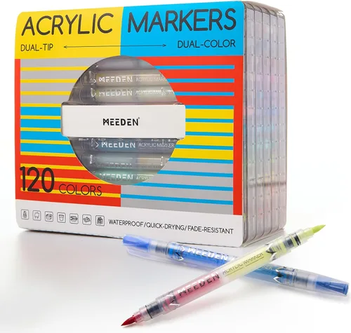 MEEDEN Marcadores de pintura acrílica de doble punta: 120 colores/60 piezas de punta de pincel marcador acrílico con control automático de tinta