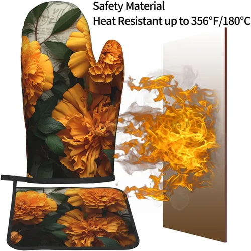 Miniatura 4 de Juego de 2 manoplas de horno y soportes para ollas, resistentes al calor, guantes de horno de cocina, caléndula antideslizantes y agarraderas