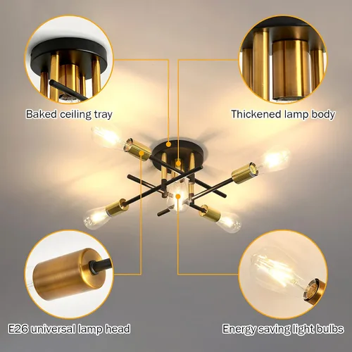 Miniatura 3 de UOFUS Lámpara de techo semiempotrada de 5 luces estilo casa de campo con lámpara E26 moderna lámpara de techo Sputnik negro mate y dorado