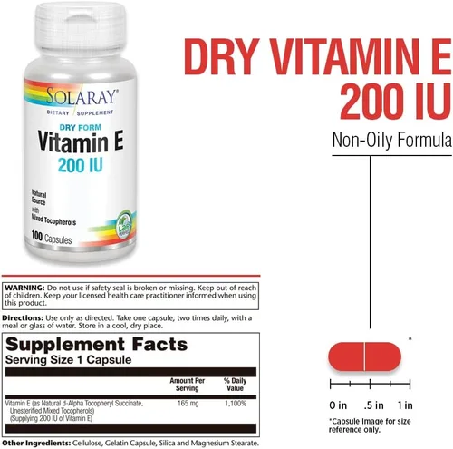 Miniatura 3 de SOLARAY Vitamina E, seca 200 UI con tocoferoles mixtos Función cardíaca saludable y apoyo para la salud de la piel 100