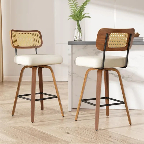 Miniatura 17 de Juego de 1 taburete de bar giratorio, taburetes de bar tapizados de 26" de altura para encimera con respaldo de nogal y patas de madera curvada
