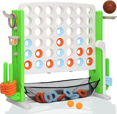 Miniatura 8 de Juego gigante 4 en una fila, juego de patio jumbo de ajuste de altura para niños y adultos con bolsa de captura de malla, golf, aro de baloncesto