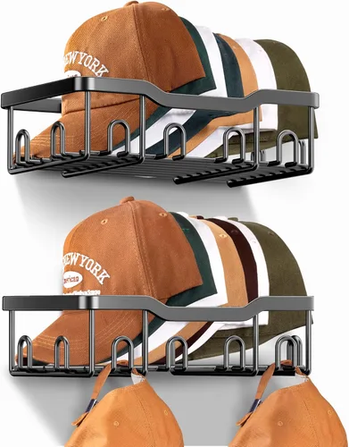 KEETDY Percheros de metal para gorras de béisbol, organizador de sombreros de pared para 24 gorras, 2 paquetes de organizador resistente de Negro