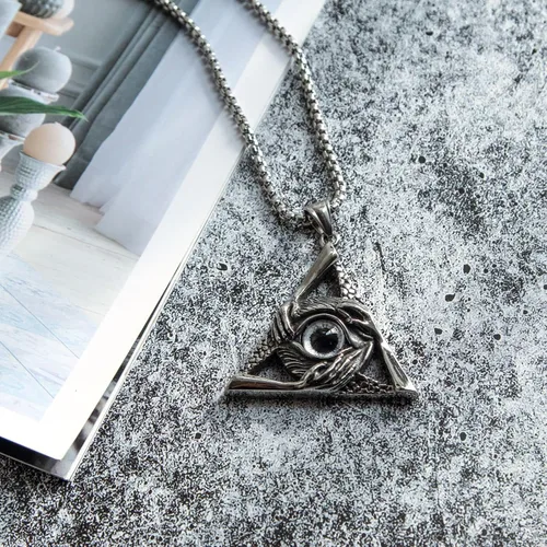 Miniatura 2 de Collar con dije de ojo malvado vintage de acero inoxidable con forma de triángulo para hombres y mujeres, cadena de 24 pulgadas