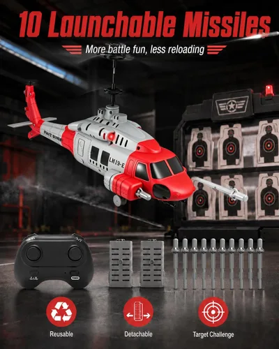 Miniatura 6 de Helicóptero RC del ejército con 10 misiles, helicóptero de control remoto LM19-E de 2.4 GHz para principiantes y adultos, juguete de helicóptero Rojo