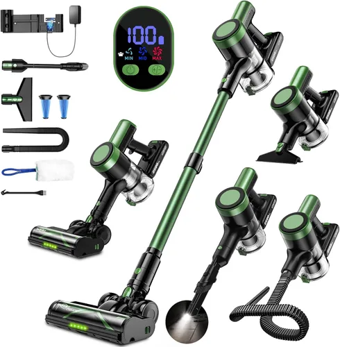 Miniatura 10 de Aspiradora inalámbrica, aspiradora 10 en 1 de 58 Kpa para el hogar, aspiradora de palo de 55 minutos con autopie y pantalla LED, antienredos y carga