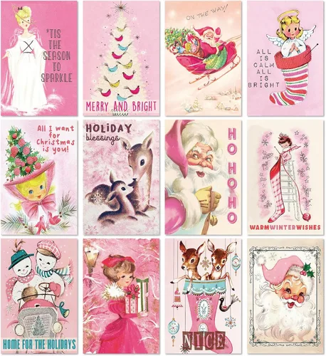 AnyDesign 36 tarjetas de felicitación de Navidad, 12 diseños, tarjetas de notas rosas vintage con sobres blancos y calcomanías adhesivas, tarjeta de