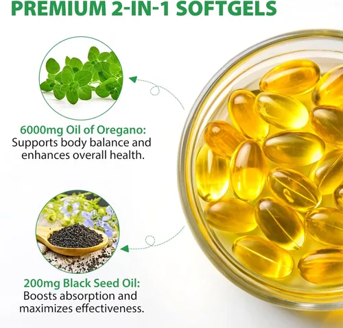 Miniatura 2 de NIFEISHI Aceite de orégano con aceite de semilla negra, 2 en 1 cápsulas de aceite de orégano de 6000 mg orgánico, 165 mg de Carvacrol, fácil