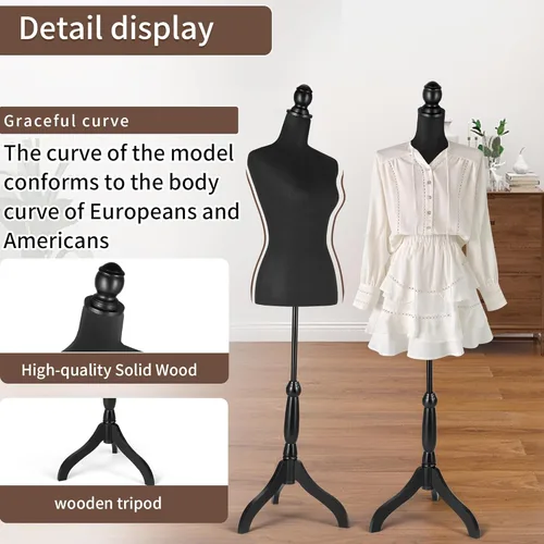 Miniatura 4 de HOMBOUR Cuerpo de maniquí femenino, forma de vestido de torso de maniquí de costura, maniquí ajustable con soporte para modista de exhibición (negro)