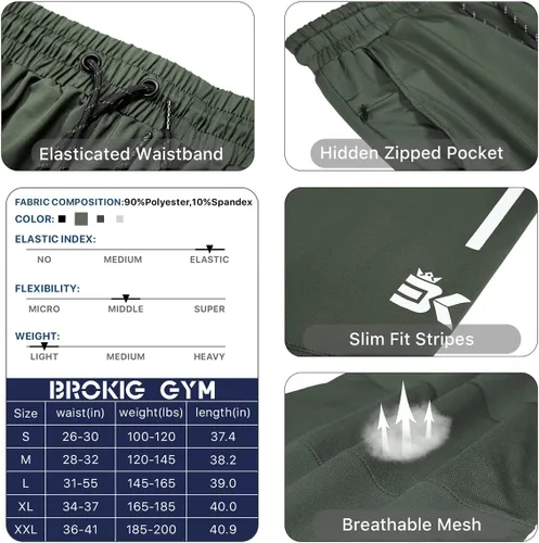 Miniatura 33 de BROKIG Pantalones deportivos ligeros para hombre, elásticos, de secado rápido, con bolsillos con cremallera