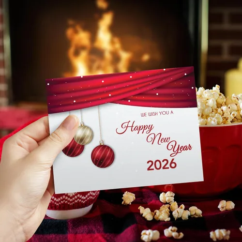 Miniatura 2 de Juego de tarjetas de feliz año nuevo 2026 – Elegante bola roja para Navidad, Año Nuevo, saludos de vacaciones, invitaciones, anuncios