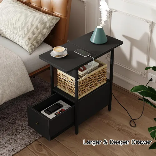 Miniatura 2 de LIDYUK Mesa auxiliar con estación de carga, mesa auxiliar estrecha con cajón, puertos USB y tomas de corriente, mesita de noche para espacios Negro