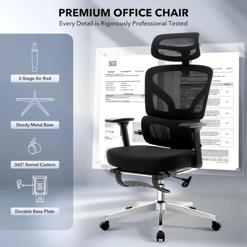 Miniatura 7 de Silla de oficina ergonómica de escritorio, silla de malla para el hogar con reposapiés ajustable, soporte lumbar, silla de juegos de computadora