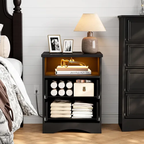 Miniatura 8 de LGHM Juego de 2 mesitas de noche con tira de luces de estación de carga, mesita de noche grande con 2 cajones, mesa auxiliar de cama decorativa