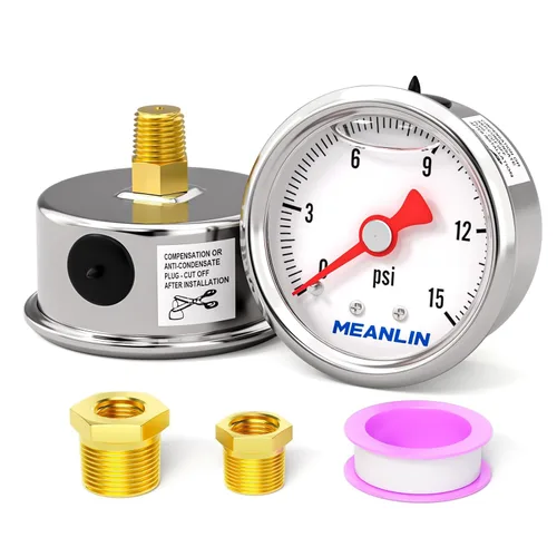 Miniatura 33 de MEANLIN MEASURE 2 unidades de acero inoxidable 015Psi relleno de líquido, medidor de presión relleno de glicerina de 1.5 pulgadas, aire de aceite