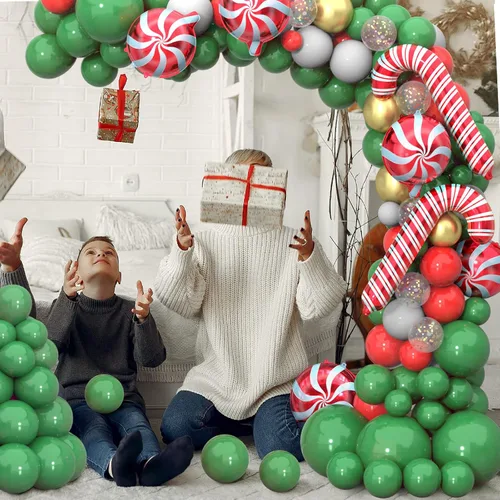 Miniatura 7 de Kit de arco de guirnalda de globos de Navidad, 150 unidades con globos de aluminio de caramelo de Navidad, verde, rojo, blanco, dorado, globos