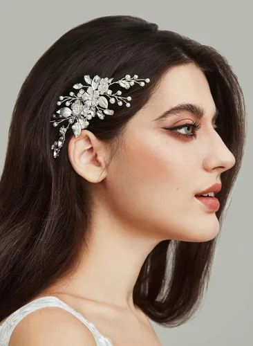 Miniatura 2 de SWEETV Peine de pelo de novia plateado para accesorios de cabello de boda, hecho a mano con cristales, perlas y hojas, 4.72 x 2.75 pulgadas