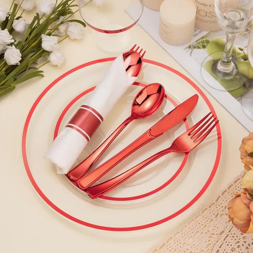Miniatura 6 de BESTSTAR Juego de 350 platos desechables transparentes y rojos para 50 invitados, 100 platos de plástico, 50 vasos de plástico, 50 servilletas